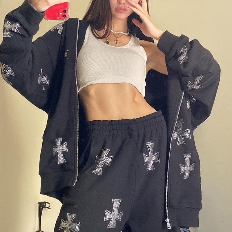 EMMA | Schickes Strass-Reißverschluss-Hoodie-Set